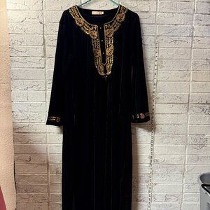 La Cera Black Velvet Maxi Dress Gold Embroidered Caftan Boho Festival Lounge Wea
